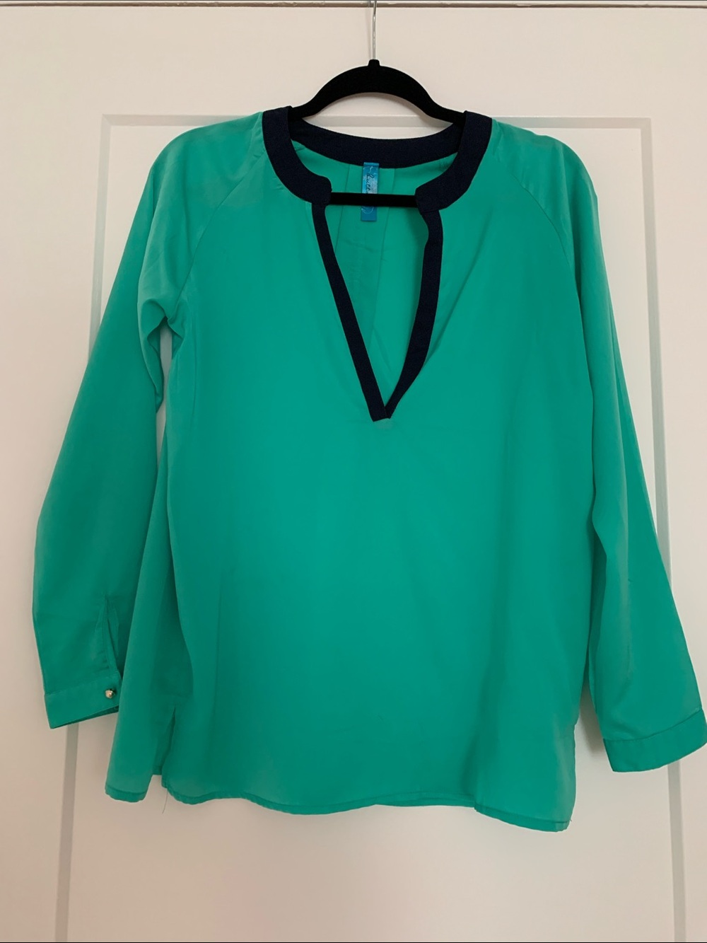 buttons Teal Green Blouse with Navy Trim